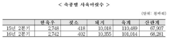 한육우·젖소·육계 사육마릿수 ↓ 돼지·산란계↑ 