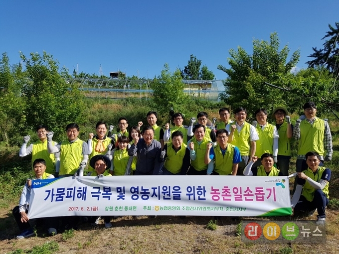 6월 2일 채원봉 농협중앙회 조합감사위원장과 조합감사위원회사무처 직원 30여 명은 극심함 가뭄 및 일손부족으로 어려움을 겪고 있는 강원도 춘천시 동내면 과수 농가를 방문해 복숭아와 사과나무 적과 작업 등 농촌일손돕기를 펼치기 전 화이팅을 외치고 있다.