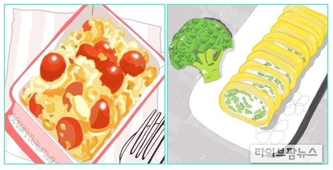 허리와 무릎에 좋은 영양성분으로 칼슘, 비타민D, 카로티노이드가 꼽힌다. 이런 영양성분을 함유한 대표식품으로 브로콜리, 계란, 토마토가 있다. 계란자조금은 매일 먹는 방법으로 브로콜리 계란말이와 토마토계란볶음을 제시했다.<자료 : 계란자조금, 그림 : 이주현>