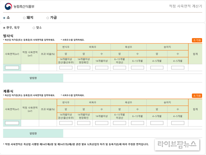 초과 사육밀도 안내 문자메시지를 받은 농가 또는 사육밀도 자가 점검을 원하는 농가는 축산물이력제 누리집에 접속하여 ’적정 사육면적 계산기‘를 활용할수 있다. 농가에서 사육하는 ①축종을 선택하고 농장의 사육방식에 맞게 축산업 허가(등록)된 ②사육면적, ③성장단계별 사육마릿수 입력하면 사육밀도 적정 여부 확인 가능(100.1% 이상 시 사육밀도 초과)