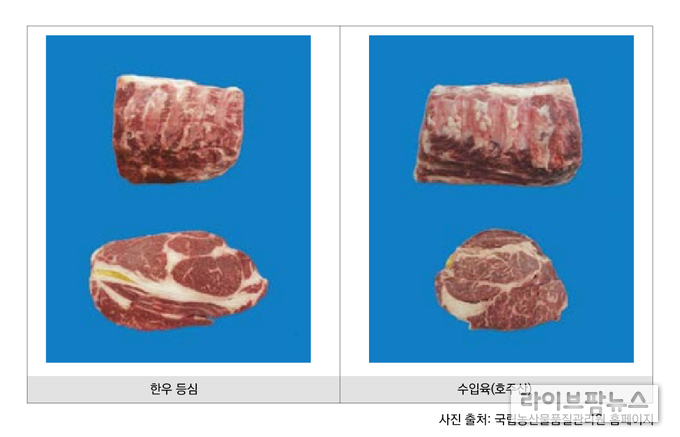 일반적으로 한우 고기색깔은 선홍색을 띠지만 수입육은 그에 비해 색이 검붉다.