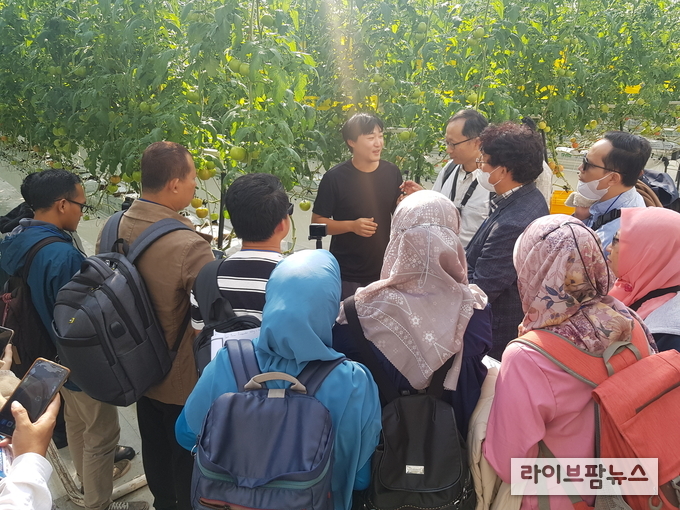 김제 스마트팜 혁신밸리 창업보육센터에서 한국과 인도네시아의 청년농업인들이 이야기를 나누고 있다.
