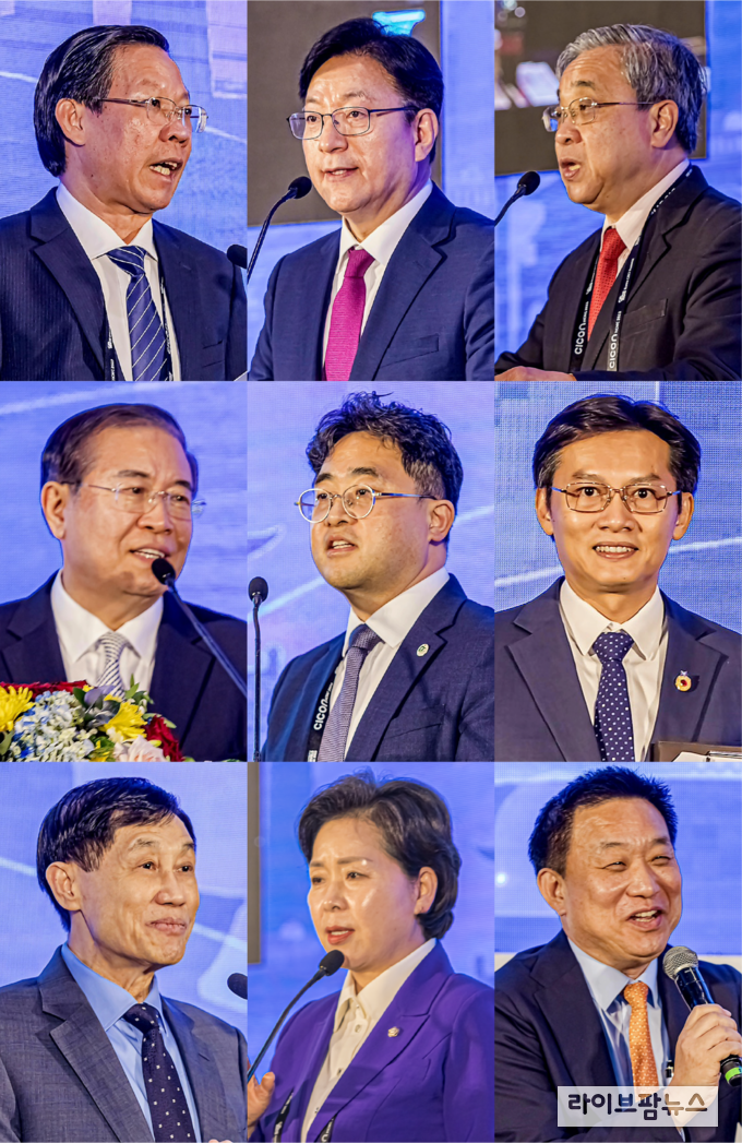 지난 6월 07일, 호치민 쉐라톤사이공호텔에서 개최된 '씨콘(CICON) 호치민 2023' 개막식 및 각 세션에서 역할을 맡은 스피커들이 발표를 하고 있다.<br>
(첫째줄 좌로부터)<br>
판 반 마이(Phan Van Mai) 호치민시장이 환영사를, CICON 창시자인 박봉규 코리아씨이오서밋 이사장이 개회사를, 응웬 응옥 호아 호치민시경제인연합회(HUBA) 회장이 인사말을 하고 있다.<br>
(둘째줄 좌로부터)권영걸 대통령직속 국가건축정책위원장이 개막식 기조연설을, 김명규 충북 경제부지사가 도시산업 기조연설을, 팜푸즈엉(Pham Phu Truong) 호치민청년기업가협회 회장이 주제발표를 하고 있다.<br>
(셋째줄 좌로부터) 조나단 한 응웬 IPPG 회장이 문화산업부문 기조연설을, 양향자 국회의원이 융합산업 부문 기조연설을, 황종성 한국지능정보사회진흥원 원장이 도시산업부문 기조연설을 하고 있다 