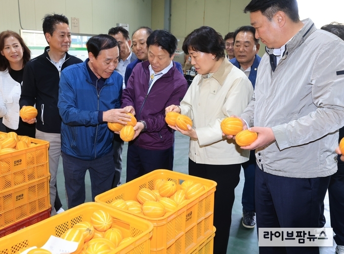송미령 농림축산식품부 장관은 14일 오후, 경상북도 성주군 참외 농장과 농산물산지유통센터(APC)를 방문하여 작황을 확인하고 출하 동향을 점검했다.