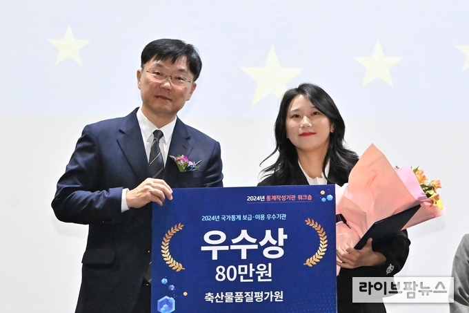 축산물품질평가원이 2024년 국가통계 보급‧이용 우수기관으로 선정된 후 기념사진을 촬영하고 있다.