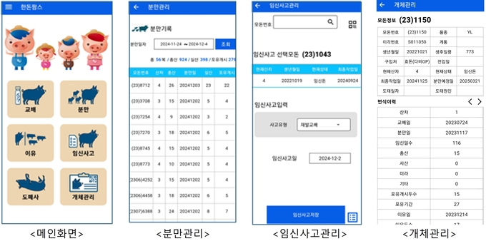 자료2. 모바일용 한돈팜스 앱 작동 화면