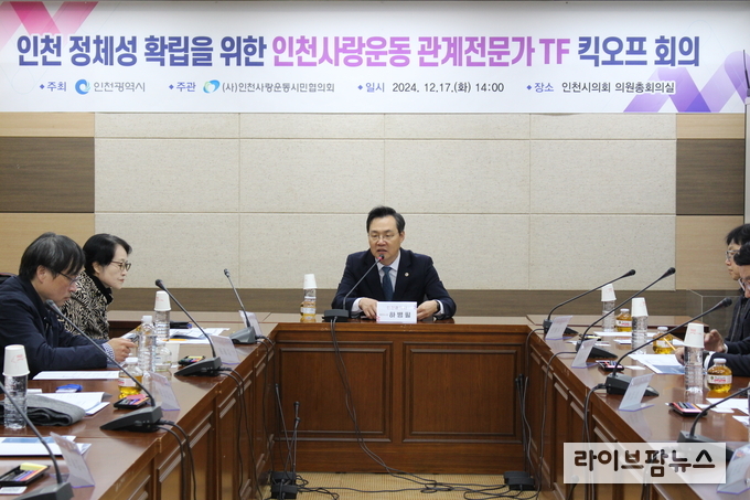 인천시는 인천시의회 의원총회의실에서 인천사랑운동 관계 전문가 자문 조직(TF)의 첫 회의를 진행하고 있다.(사진=인천시)