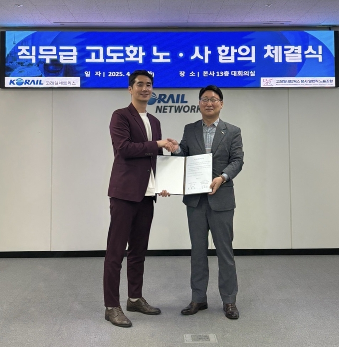 (좌)코레일네트웍스 본사 일반직 노동조합 위원장 김다두, (우)코레일네트웍스 대표이사 전찬호가 체결식 후 기념촬영을 하고 있다.