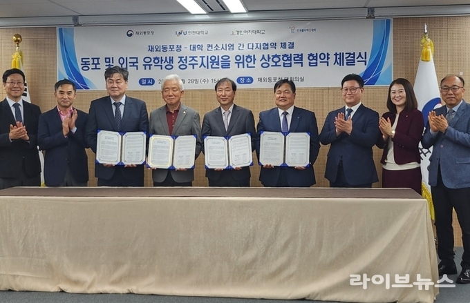 최민환 한국폴리텍Ⅱ대학 학장직무대리(왼쪽에서 네번째)가 28일 재외동포청 대회의실에서 열린‘I-RISE 외국 유학생 정주 지원을 위한 MOU 체결식’에서 재외동포청, 경인여자대학교, 인천대학교와 기념 촬영을 하고 있다.(사진=한국폴리텍대학인천캠퍼스)