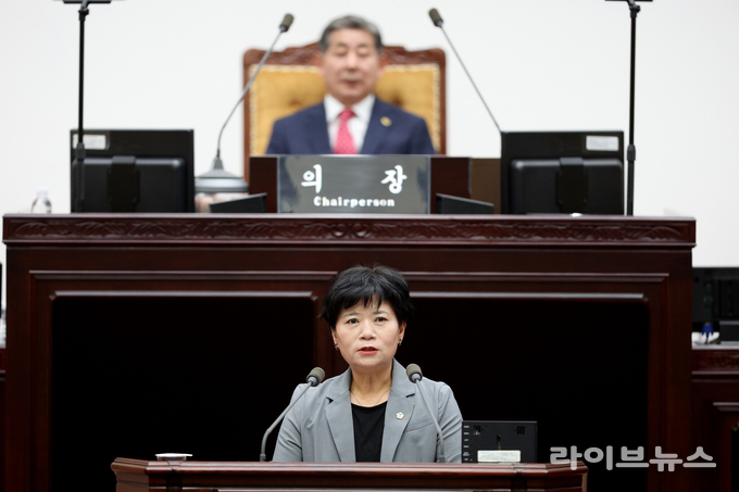 유승분 인천시의원이 제302회 정례회 제1차 본회의 5분 자유발언을 하고 있다.(사진=인천시의회)
