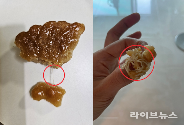 사진=장인한과에서 나온 이물질들.. 실뭉태기 / 소비자 제공