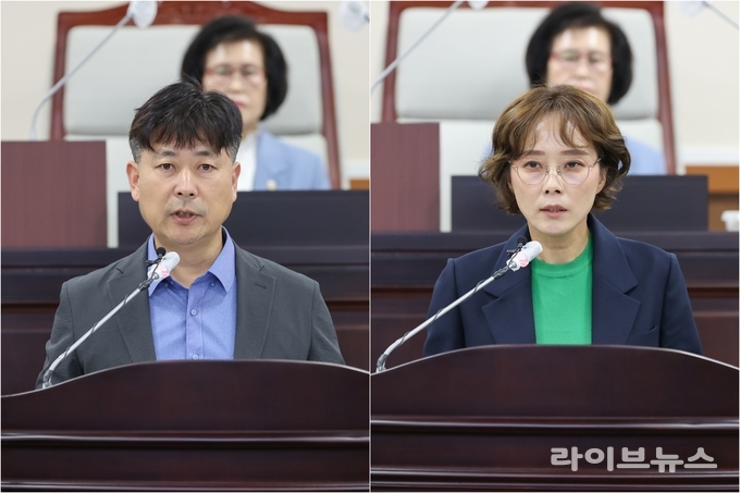 인천동구의회 김종호 의원(왼쪽)과 장수진 의원이 의정자유발언을 하고 있다.(사진=인천동구의회)