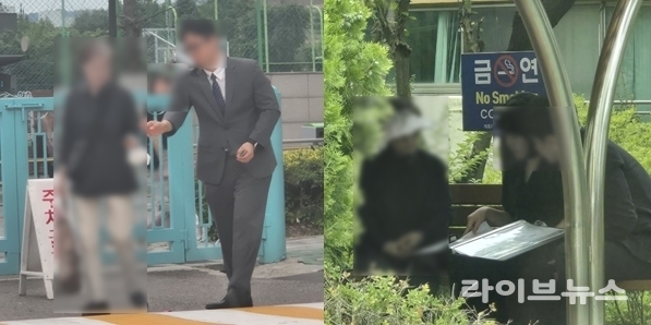 대우건설 직원이 개포우성7차 단지 안에서 조합원 개별접촉과 불법 홍보하는 모습 / 조합원 제보