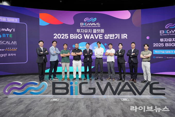 빅웨이브 2025 선정 스타트업 (왼쪽부터 지큐티코리아 곽승환 대표, 딥카디오 최원익 대표, 바스플렉스 강척구 대표, 앱파인더테라퓨틱스 한성구 대표, 빌릭스 김명립 대표, 스피드플로어 홍석민 대표, 비티이 강혁진 상무, 스칼라데이터 윤예찬 대표, 엠엑스바이오 이재현 대표, 메이아이 김찬규 대표)