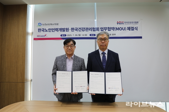 건협 김인원 회장(왼쪽)과 한국노인인력개발원 김미곤 원장이 업무협약 후 기념촬영을 하고 있다.(사진=KH한국건강관리협회)