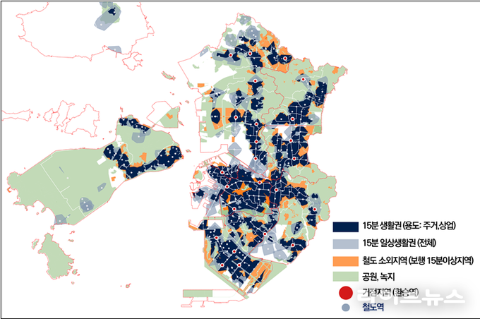 도로 네트워크 분석을 통한 15분 생활권 및 거점지역 예상도 이미지.(사진=인천연구원)