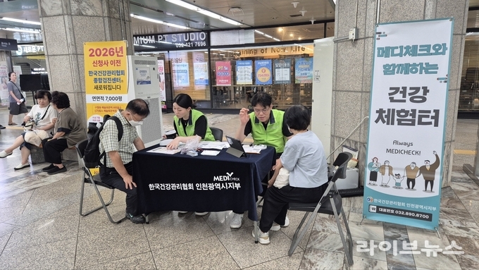 한국건강관리협회 인천광역시지부가 인천예술회관역에서 지역주민과 시민들을 대상으로 건강캠페인을 진행하고 있다.(사진=한국건강관리협회 인천광역시지부)