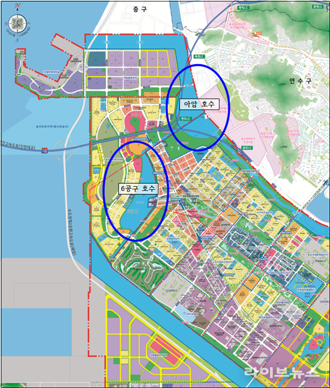 송도국제도시 워터프런트 6공구 호수 및 아암호수 위치도.(사진=인천경제청)