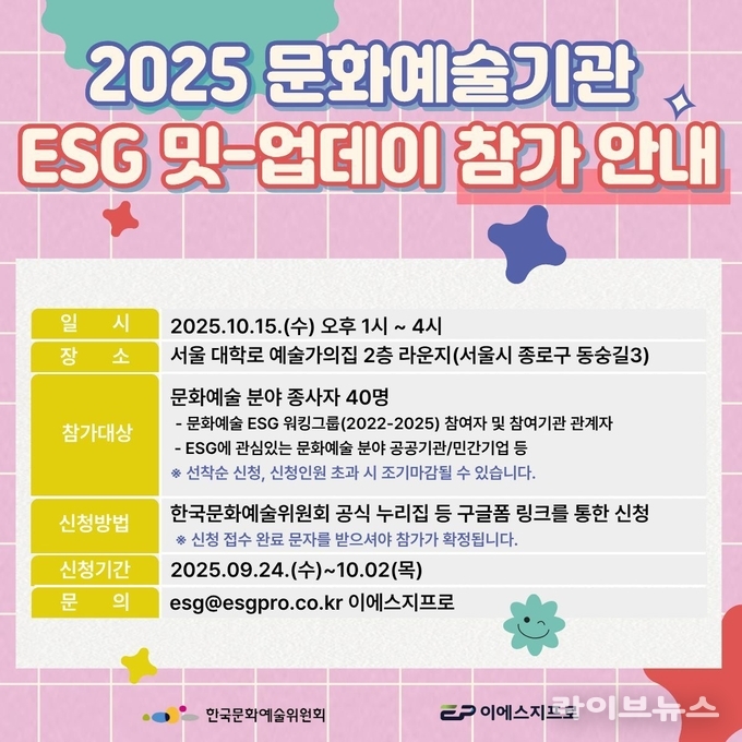 한국문화예술위원회, 「2025 문화예술기관 ESG 밋-업데이」 참가자 모집 포스터