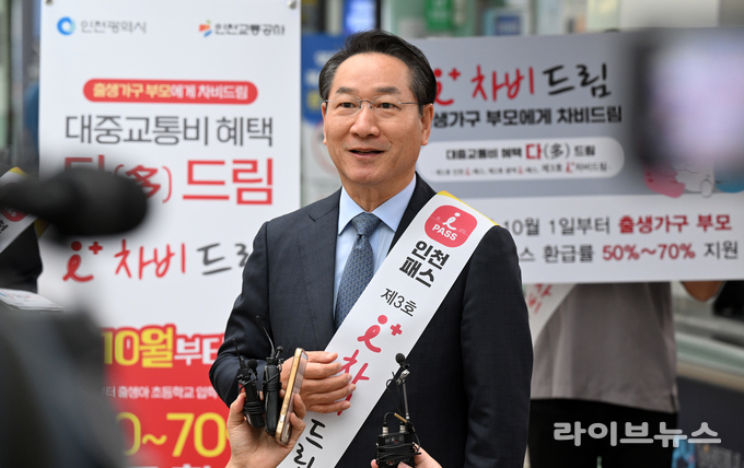 유정복 인천시장(왼쪽에서 세번째)이 인천1호선 인천터미널역에서 '아이플러스(i+) 차비드림'을 홍보를 하고 있다.(사진=인천시)