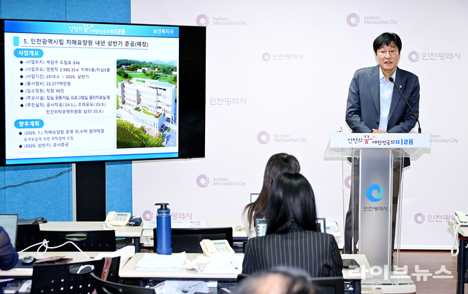 신병철 보건복지국장이 시청 브리핑룸에서 보건복지국 소관 현안과 관련해 기자브리핑을 하고 있다.(사진=인천시)