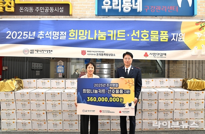 서울노숙인복지시설협회가 서울특별시립 돈의동쪽방상담소에 희망나눔키트를 전달했다. 전달식 후 장경환 회장(오른쪽 부터), 김미경 과장이 기념촬영을 하고 있다.(사진=서울노숙인시설협회)