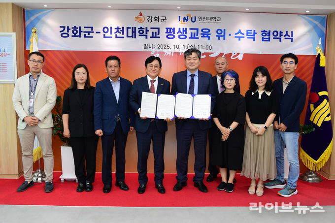 박용철 인천강화군수(왼쪽)와 이인재 인천대학교 총장이 협약후 기념촬영을 하고 있다.(사진=인천대학교)