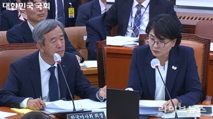 24일 한국마사회 국회 국정감사에서 임미애 의원이 한국마사회 정기환 회장에게 질의하고 있다. 